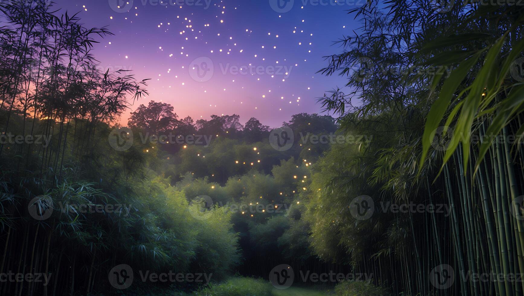 Enchanting Forest Path at Dusk with Fireflies Under a Starry Sky photo