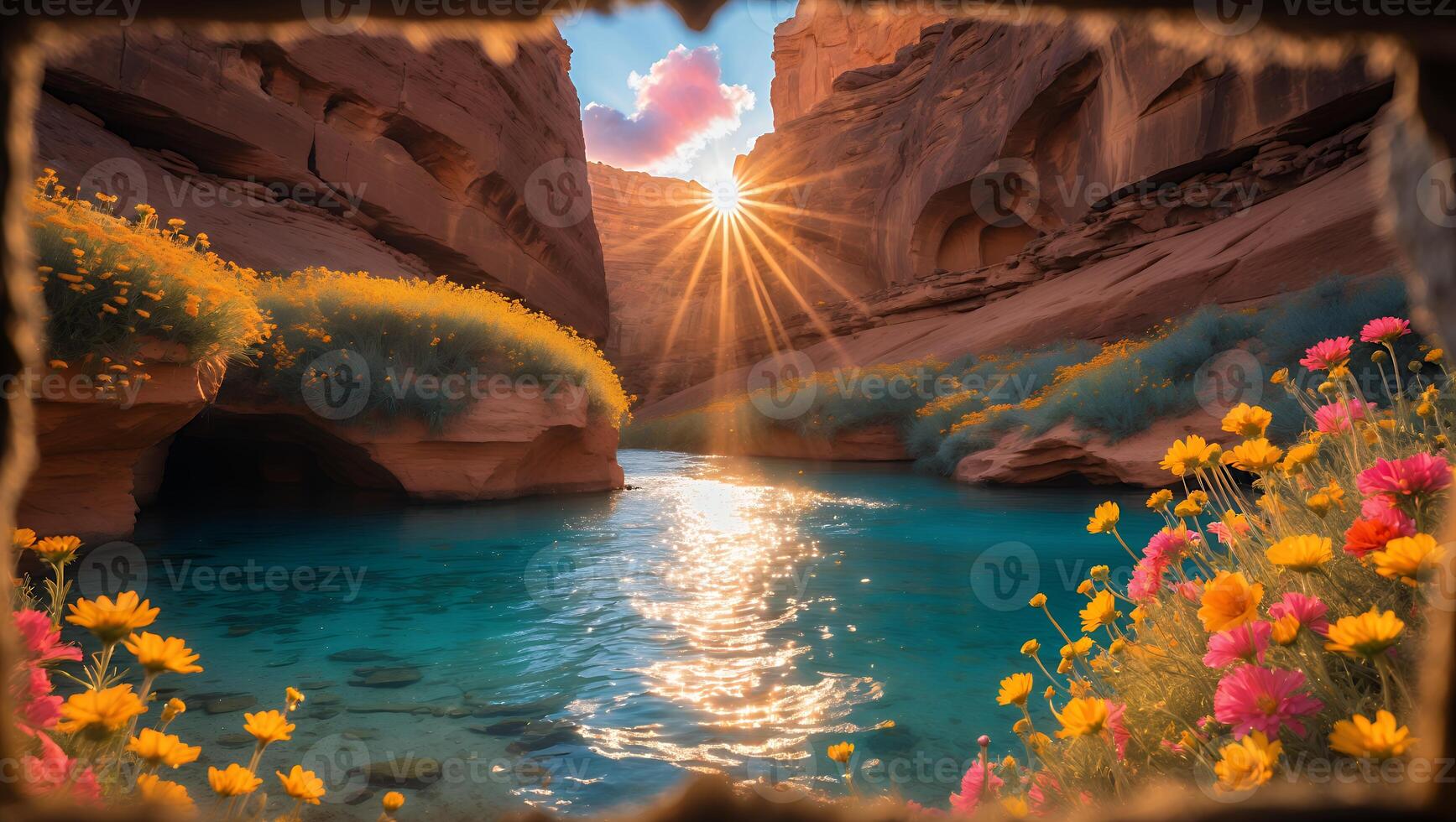 Flowing River Through Canyon Walls with Flowers and Bursting Sunlight photo