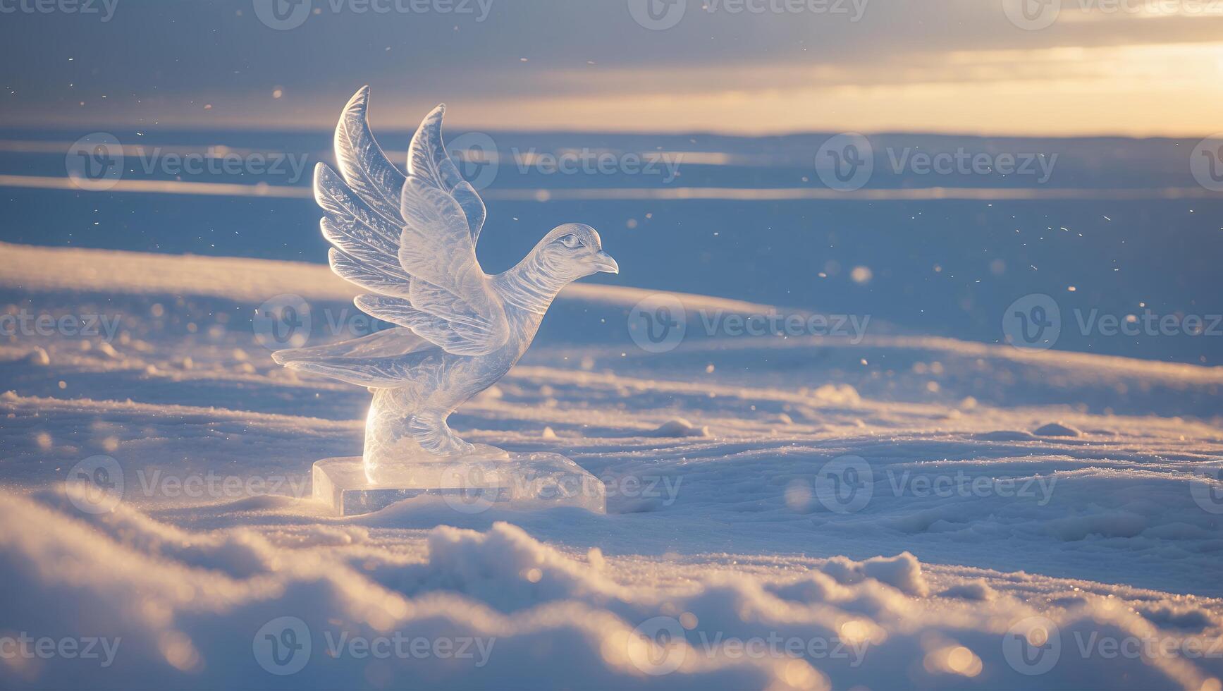 Ice Bird Sculpture on Snow During Golden Hour with Peaceful Sky photo