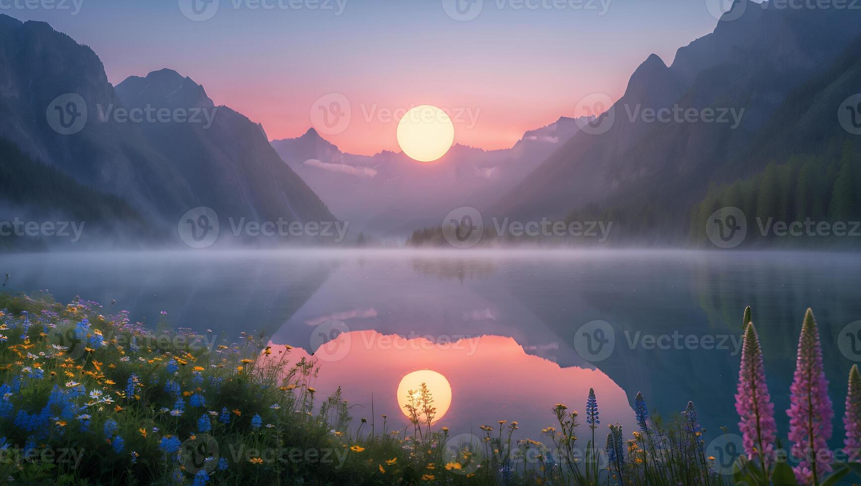 Lake Reflection at Sunset with Flowers and Mountain Scenery photo