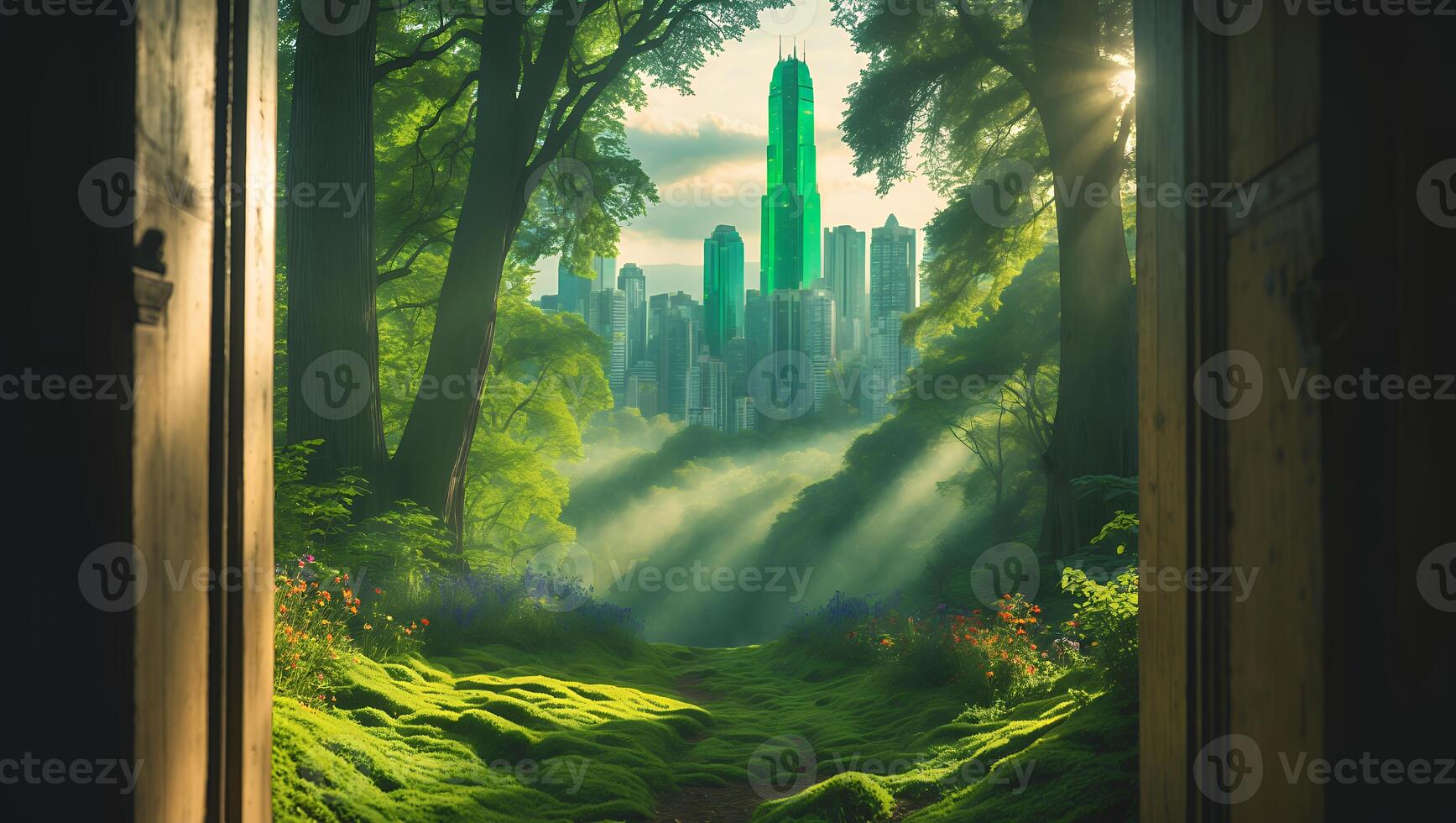 City Skyline Viewed From Forest Through Open Doorway with Sunlight photo