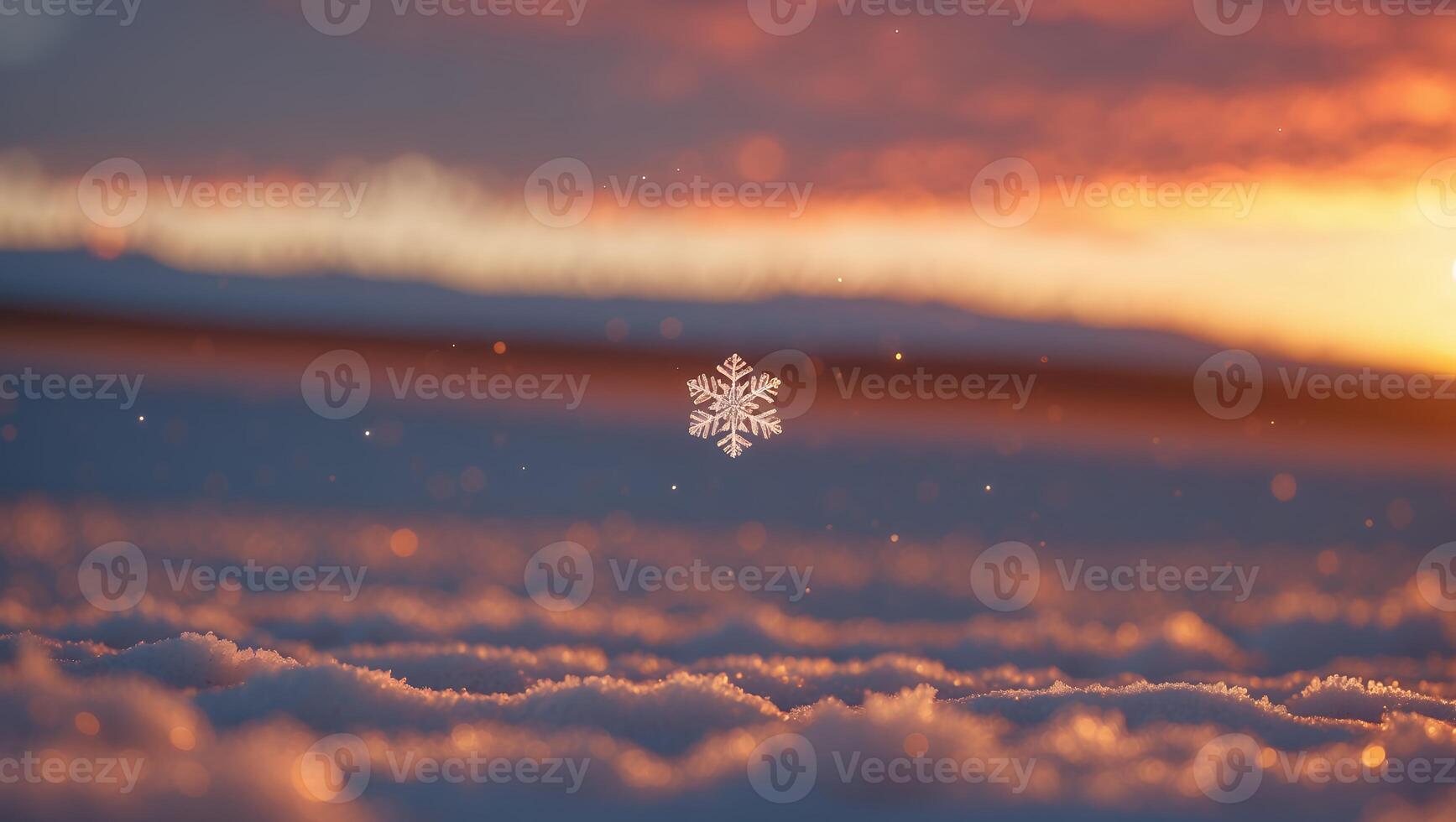 Snowflake Falling on Snowy Landscape with Sunset Sky Background photo