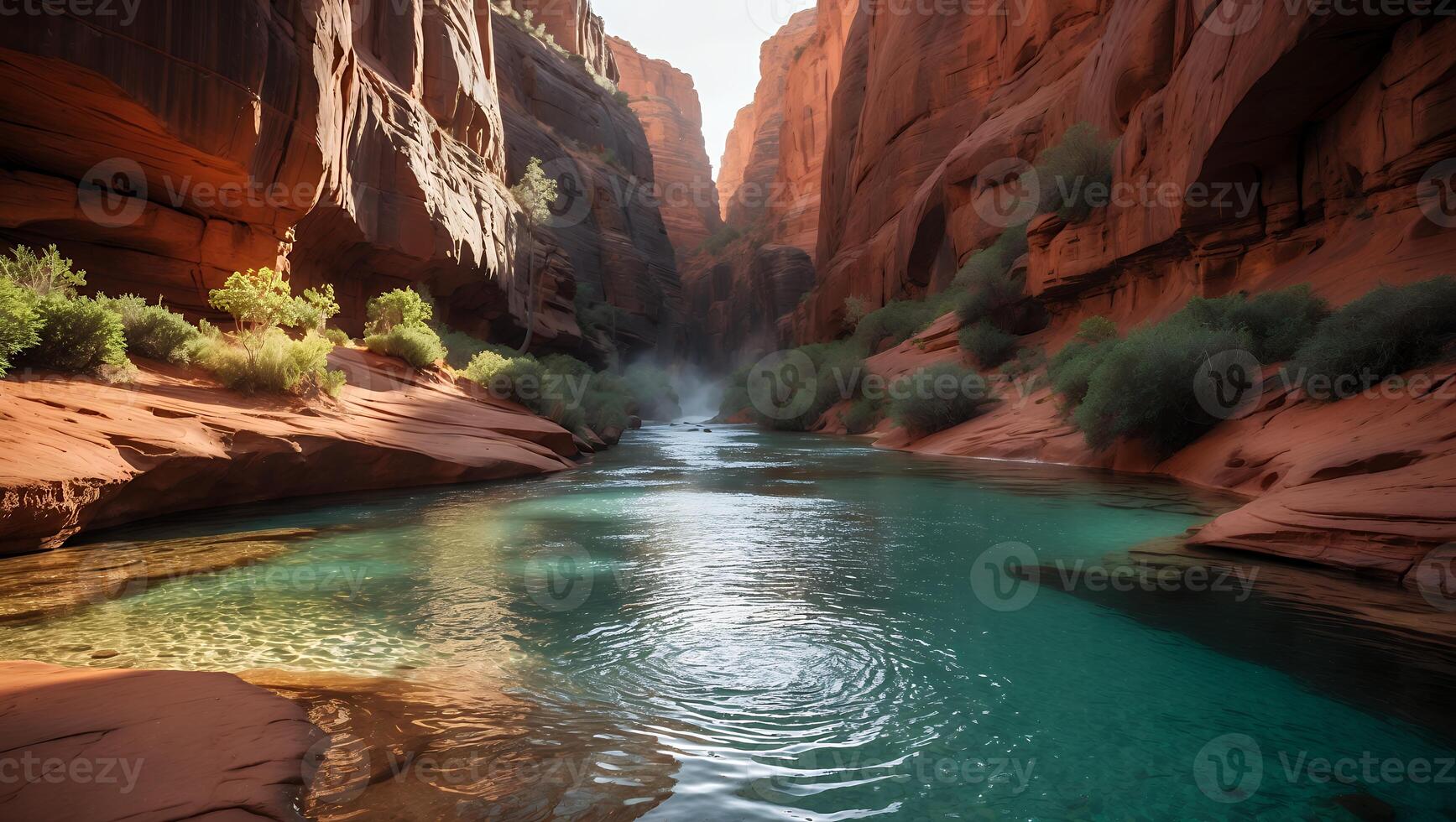 River Flowing Through a Red Rock Canyon Landscape in Sunlight photo