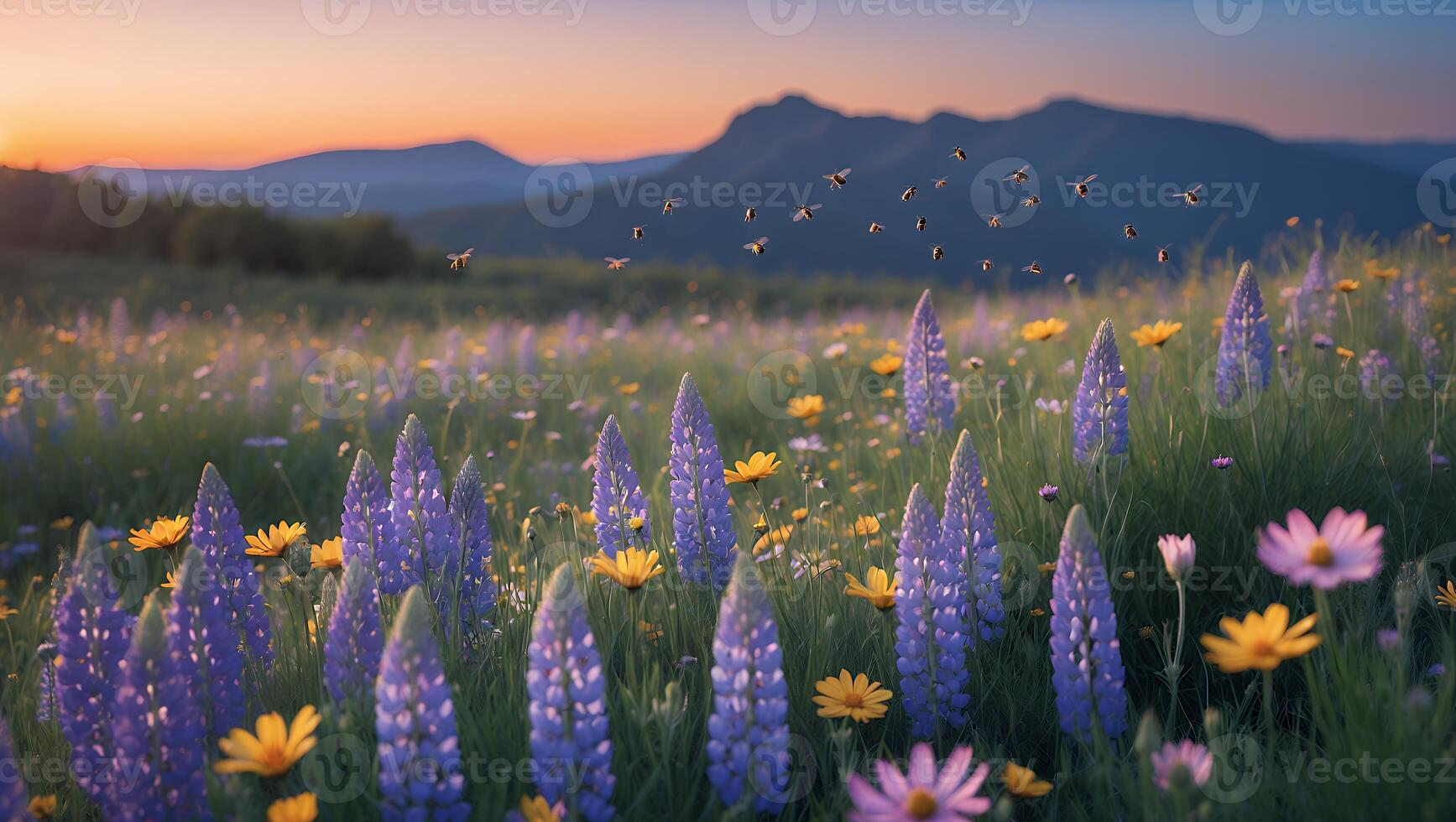 Lupine Flowers Blooming in a Meadow at Sunset with Distant Mountains photo