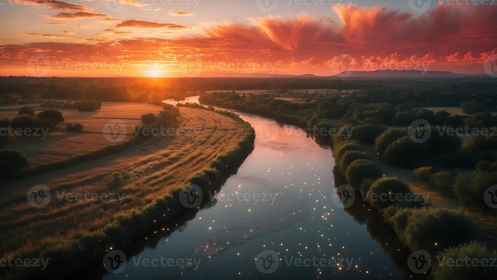 River Flowing Through Landscape at Sunset with Golden Light Reflections photo
