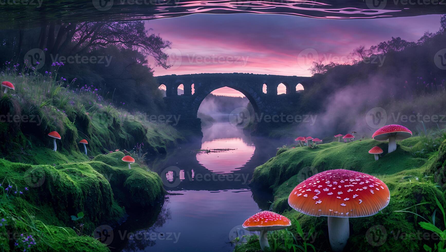 Magical River Scene with Stone Bridge and Fly Agaric Mushrooms photo