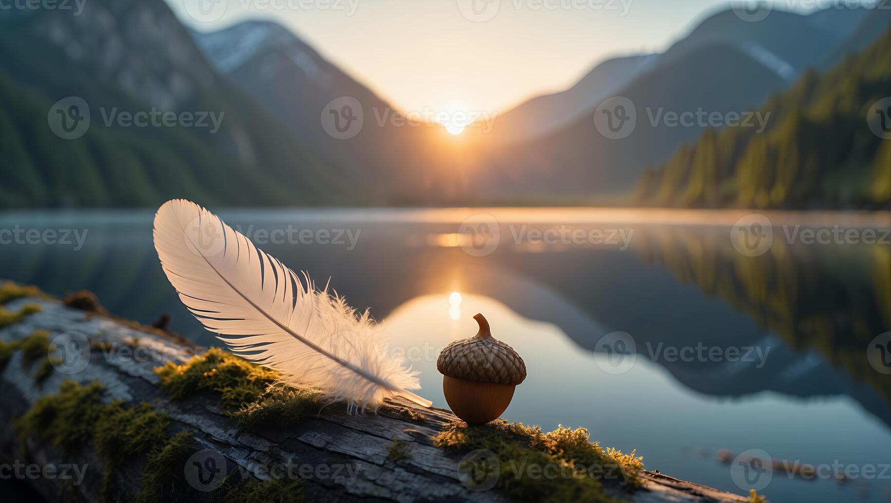 Feather and Acorn on Mossy Log Overlooking a Calm Lake at Sunrise photo