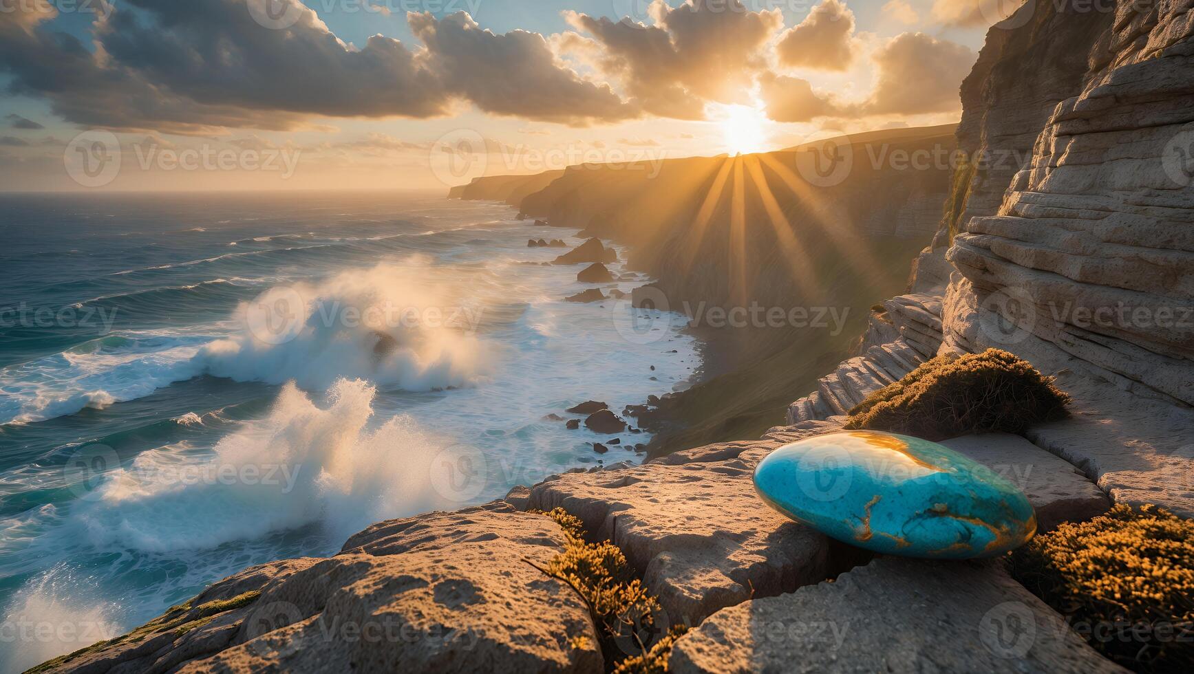 Coastal Cliffside at Sunset with Waves Crashing and Teal Stone photo