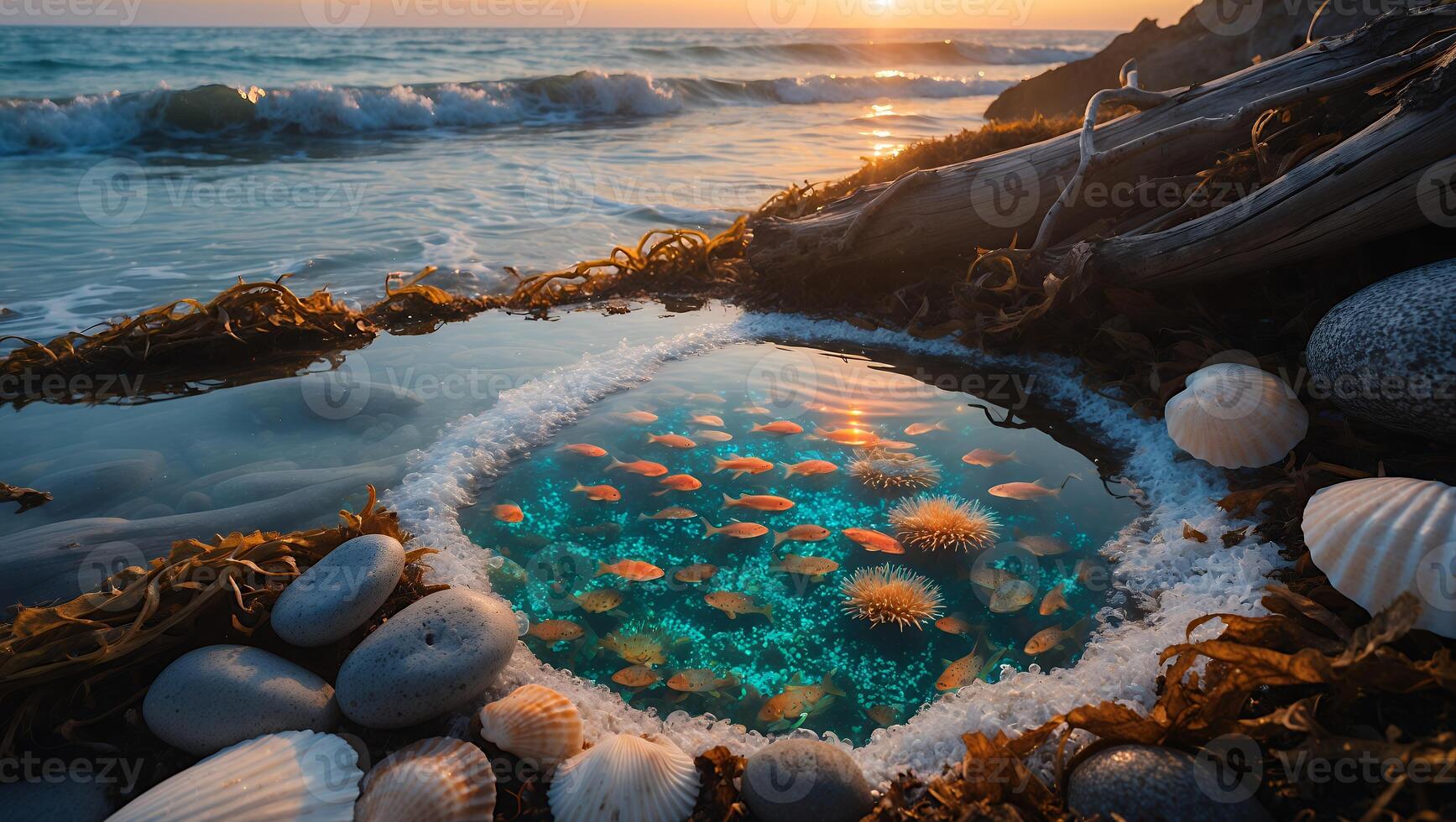 Fish Swimming in Tidal Pool at Sunset on Beach with Rocks photo