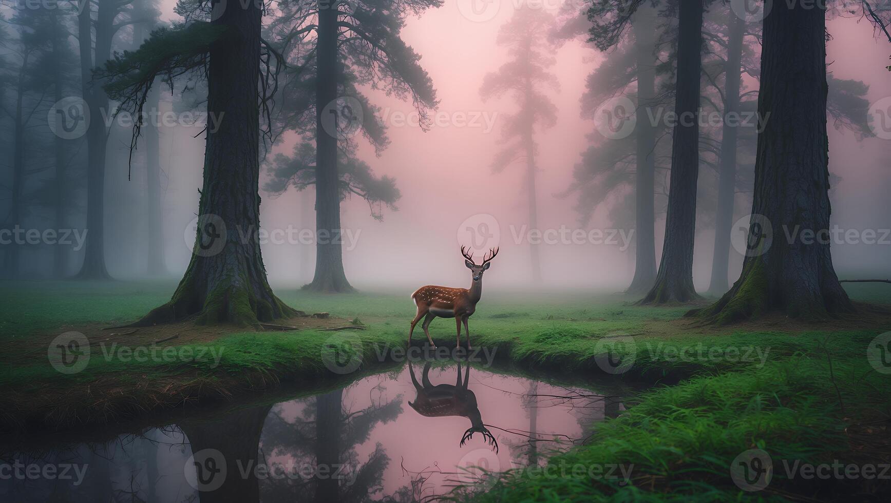 Deer Standing by Stream Reflecting in Forest with Foggy Atmosphere photo