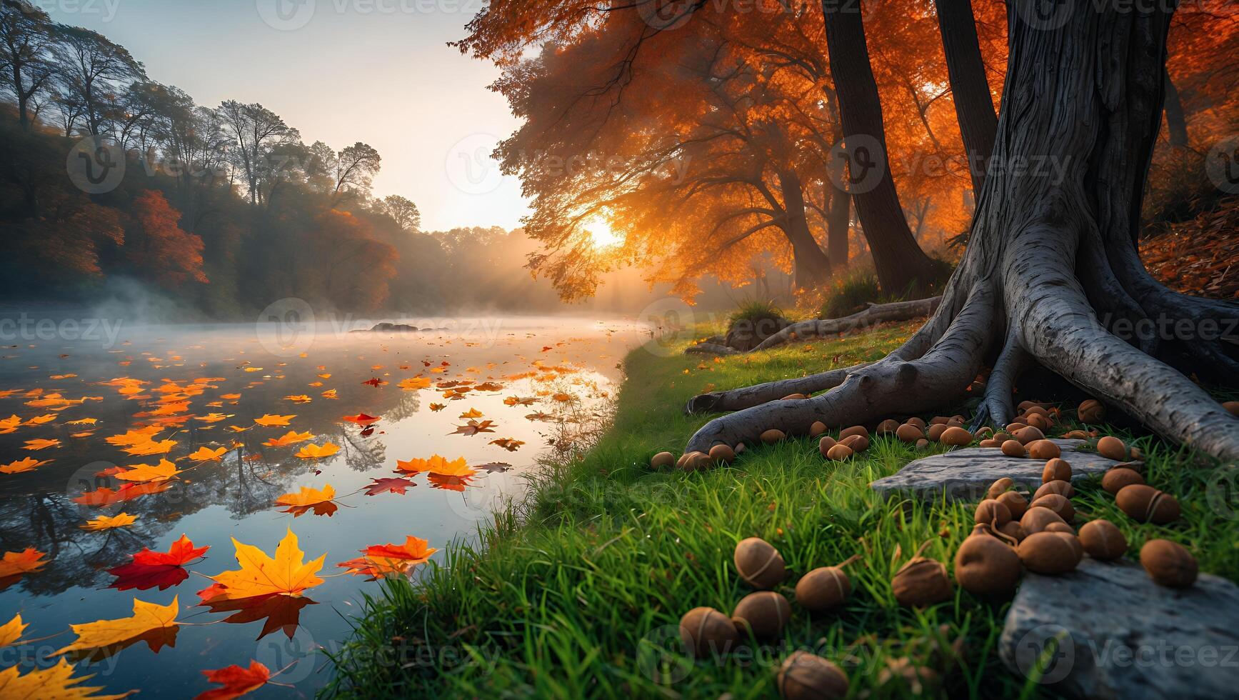 Autumn Leaves Floating on Calm Lake with Foggy Morning Light photo