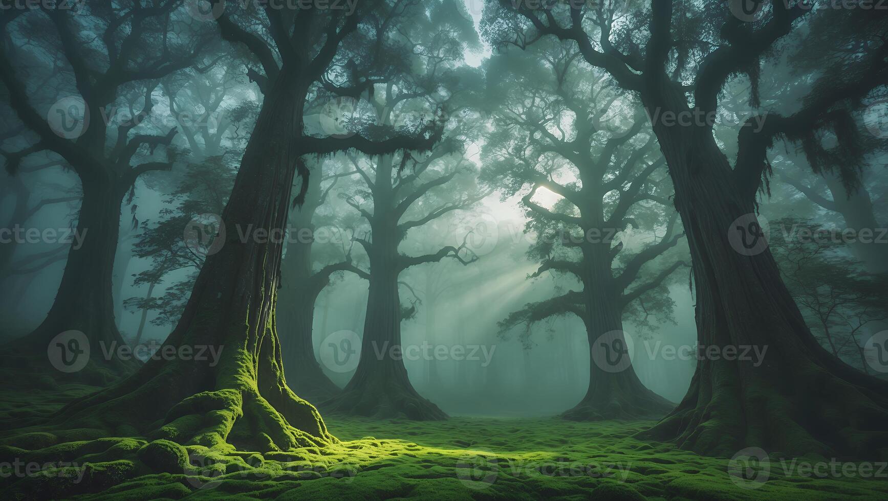 Misty Forest Scene with Mossy Trees and Rays of Sunlight photo