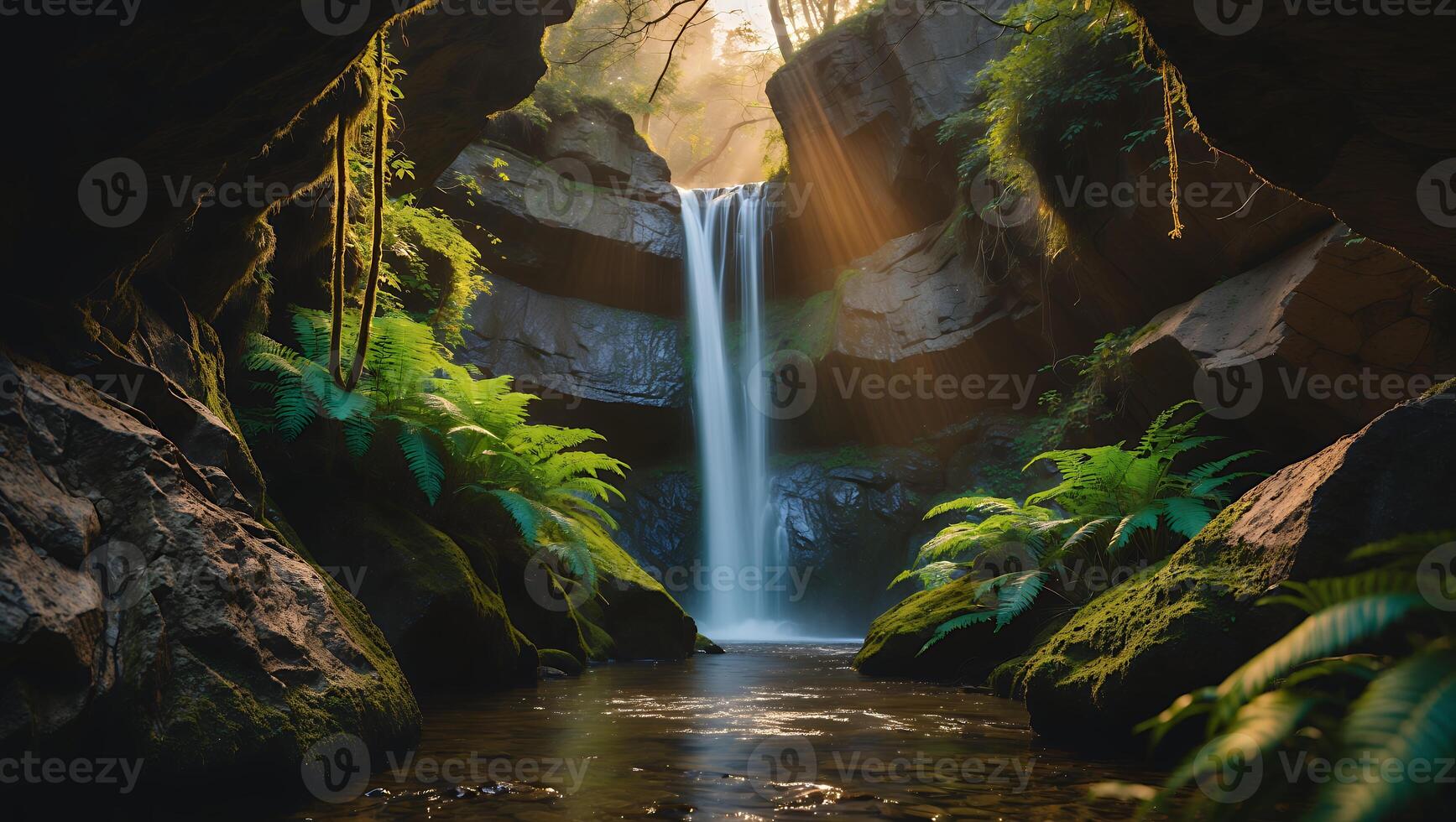 Scenic Waterfall Flowing Into Creek with Ferns and Mossy Rocks photo