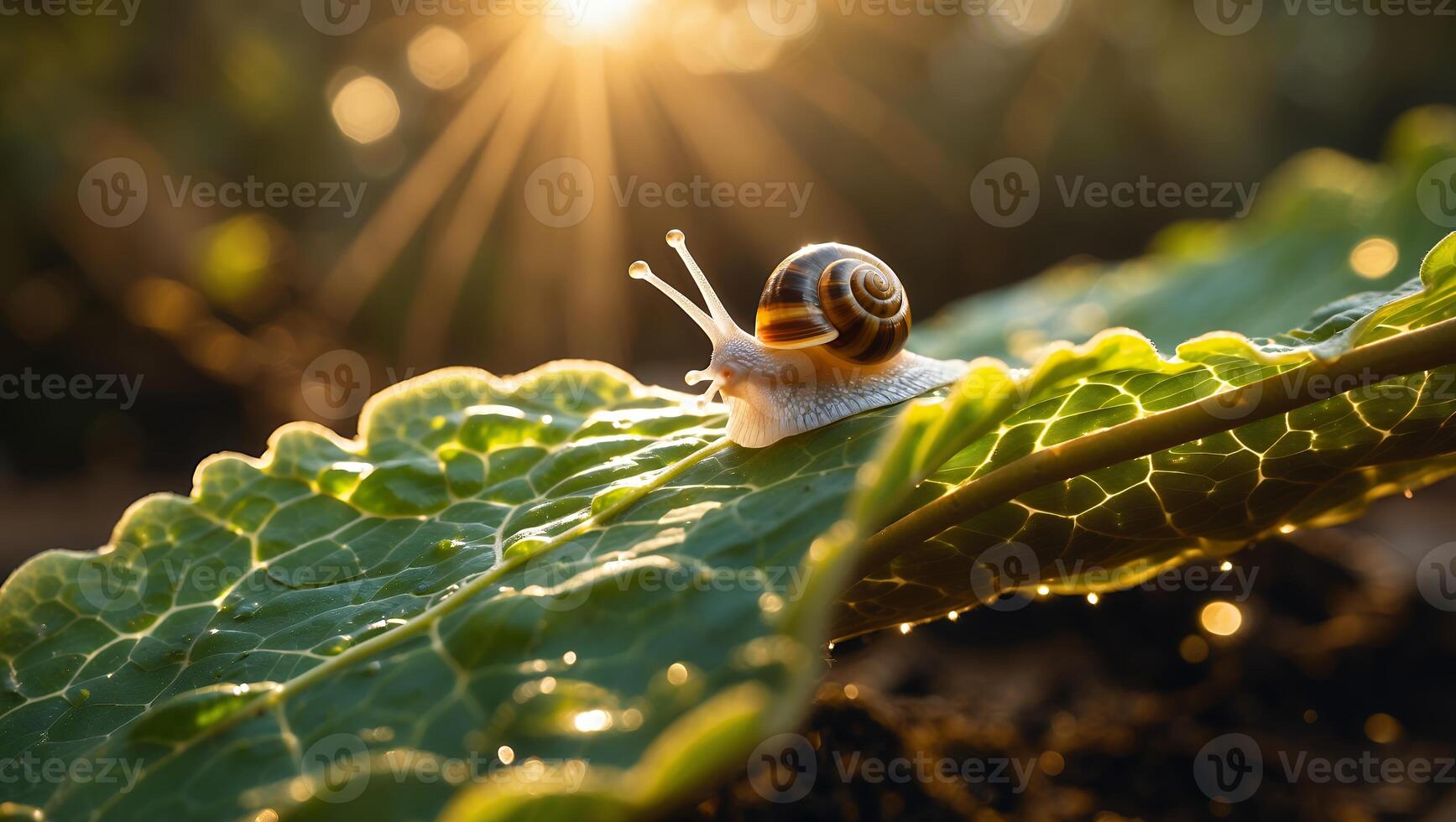 Snail Crawling on Leaf in Warm Sunlight During Golden Hour photo