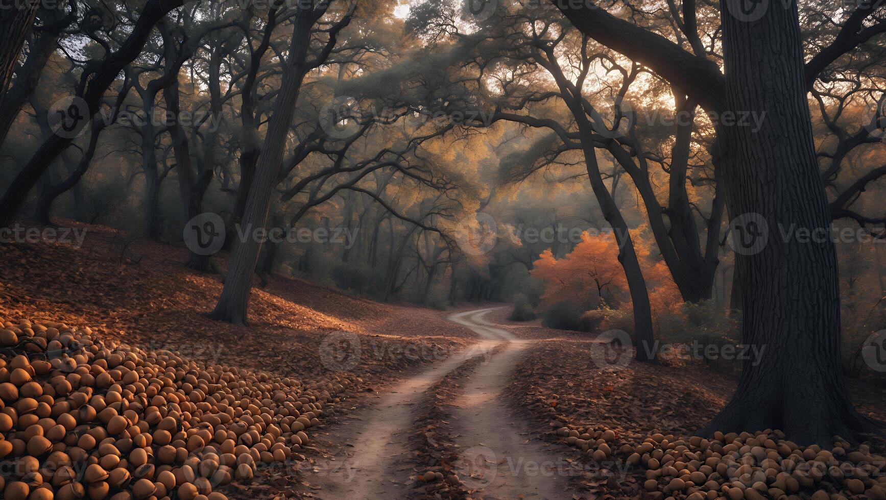 Winding Dirt Road Through Autumnal Forest with Fallen Fruit and Trees photo