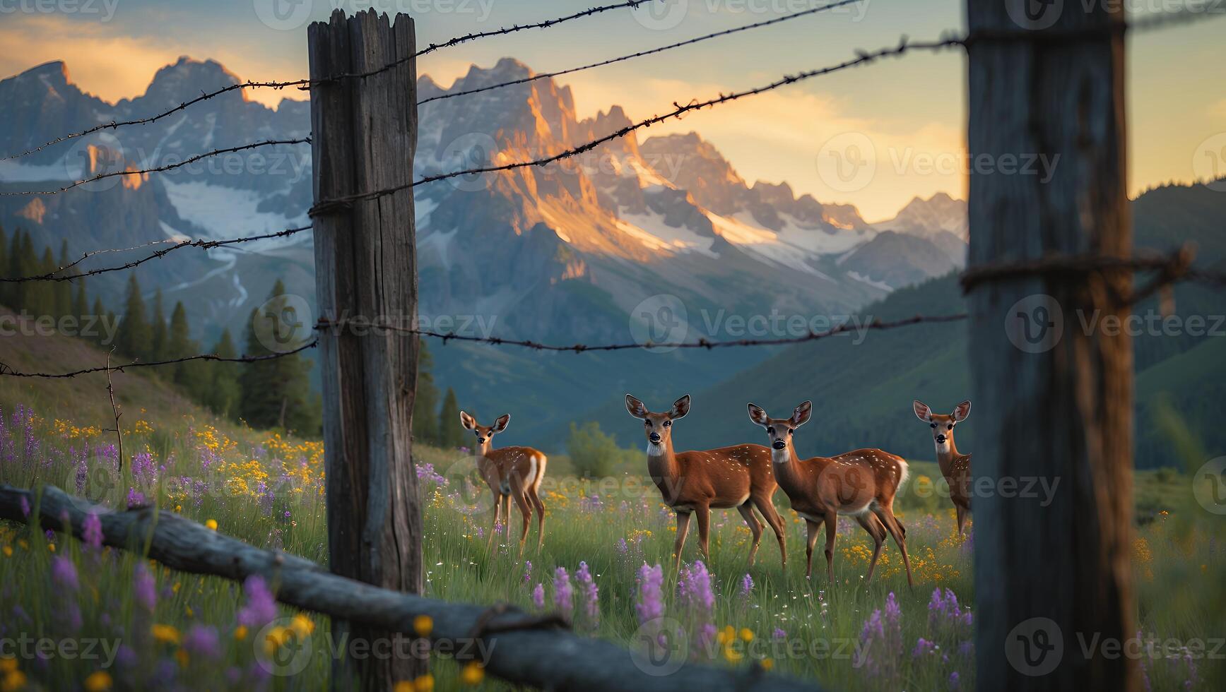 Deer Standing in Mountain Meadow at Sunset Behind Rustic Fence photo