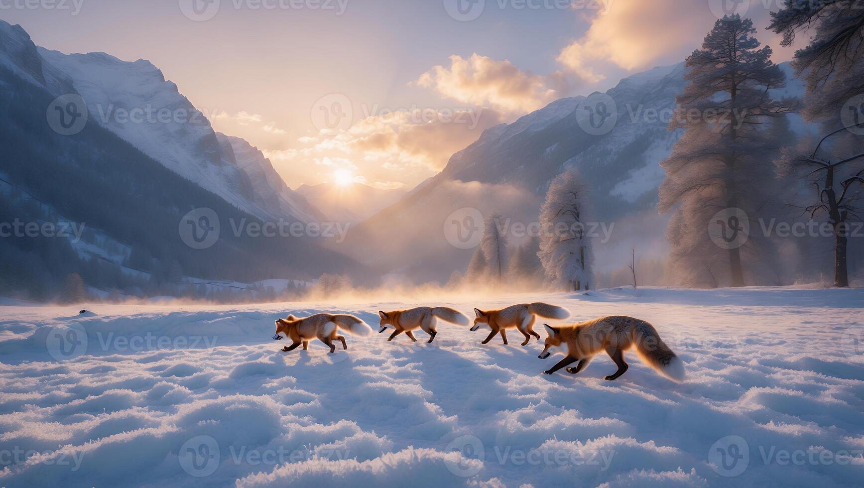 Foxes Walking on Snow in a Mountain Landscape at Sunrise photo