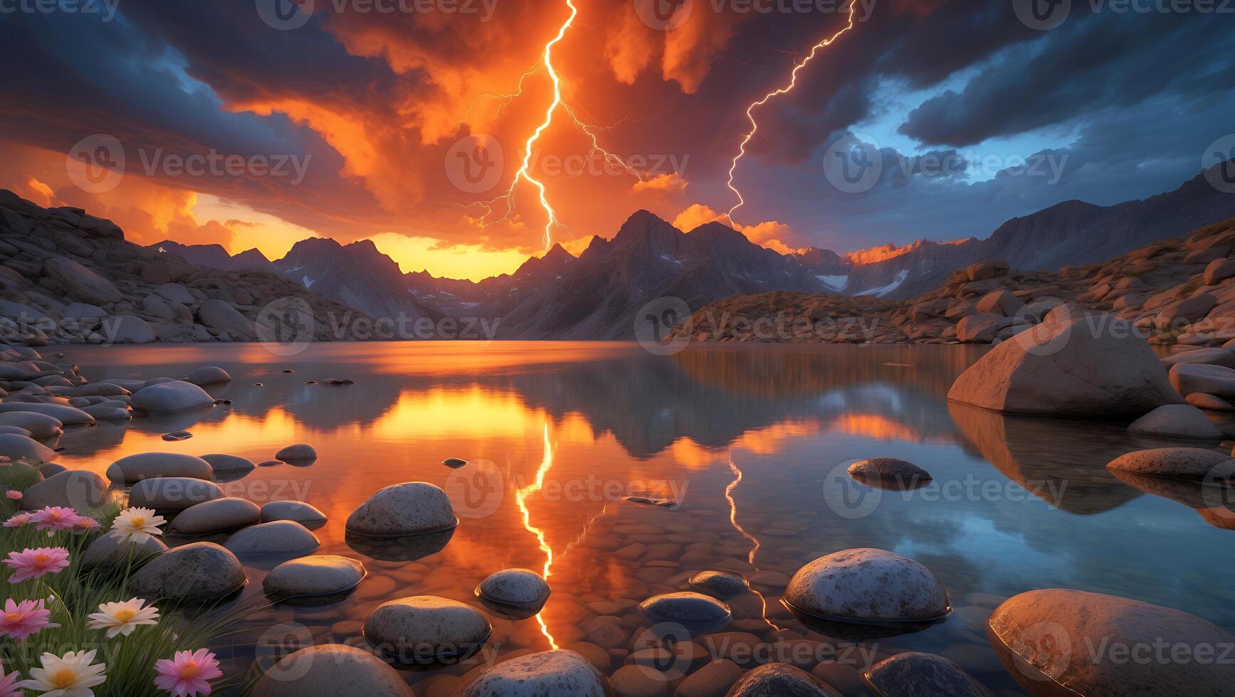 Lake Reflecting Lightning Over Mountains Landscape with Rocks and Flowers photo