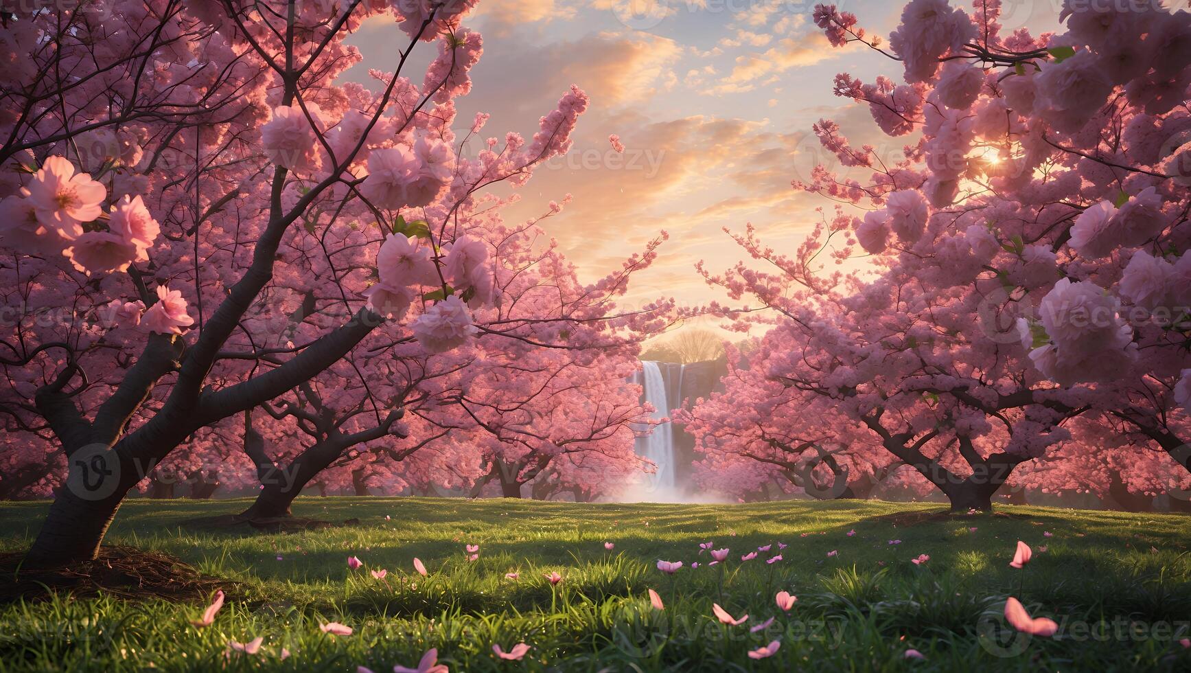 Blossoming Cherry Trees with Waterfall in a Serene Spring Landscape photo