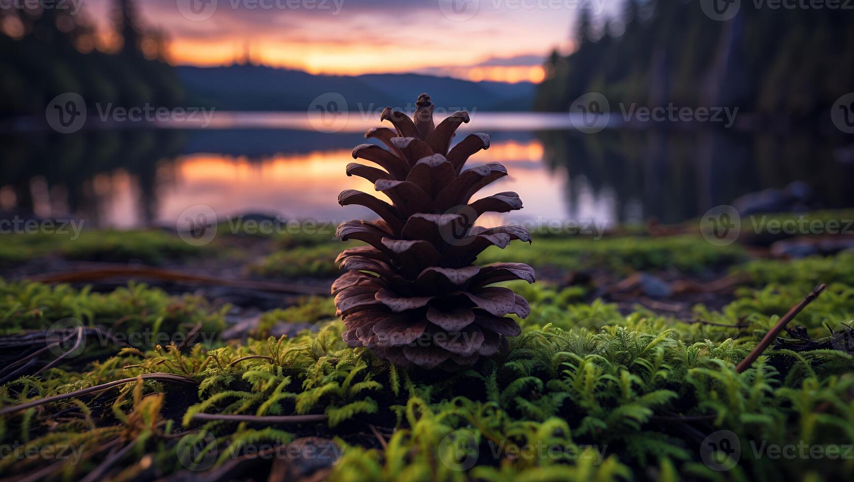 Pine Cone Resting on Moss Near Lake at Dusk with Reflection photo