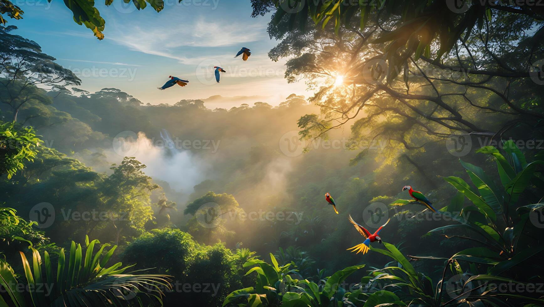 Parrots Flying Through Rainforest Canopy with Sunlight and Fog photo
