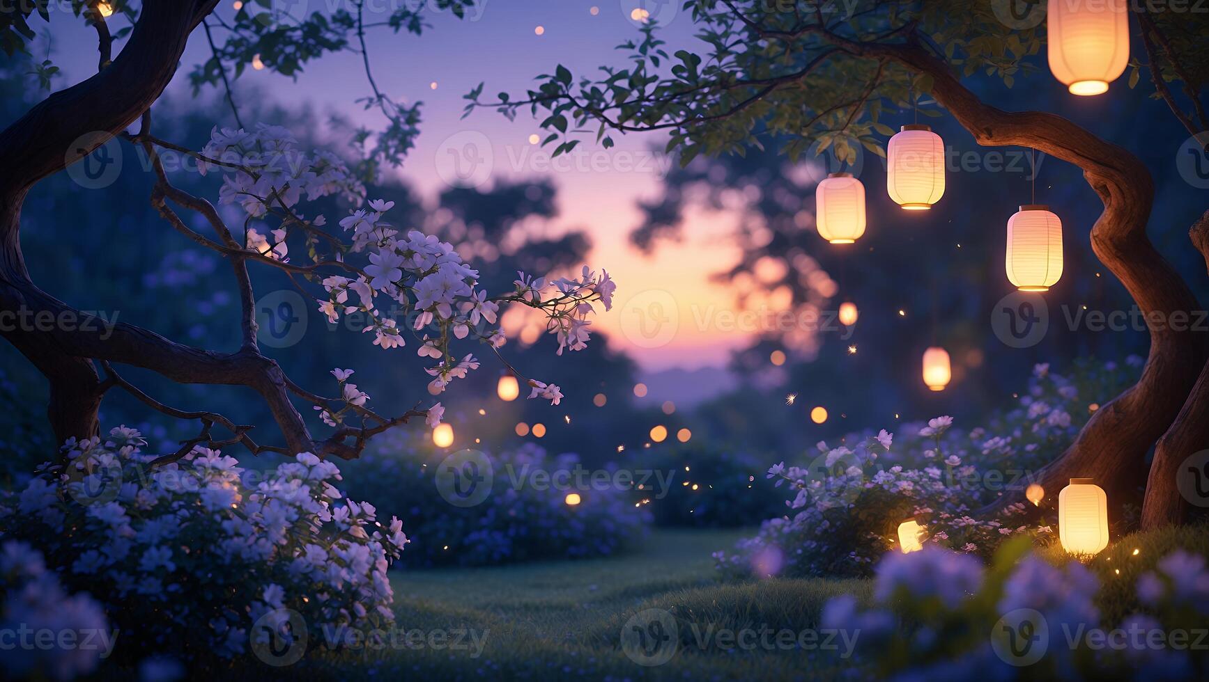 Illuminated Garden at Twilight with Paper Lanterns and Blooming Flowers photo