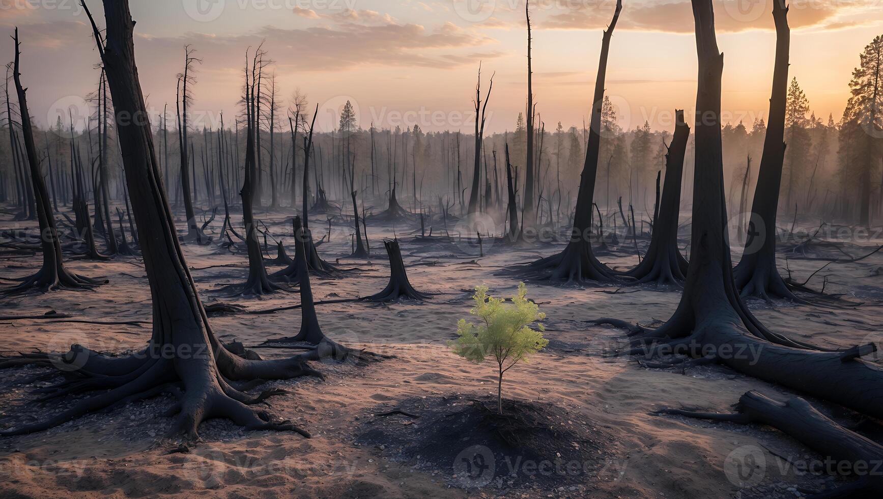 Small Tree Growing in Burnt Forest Landscape at Dusk Aftermath photo