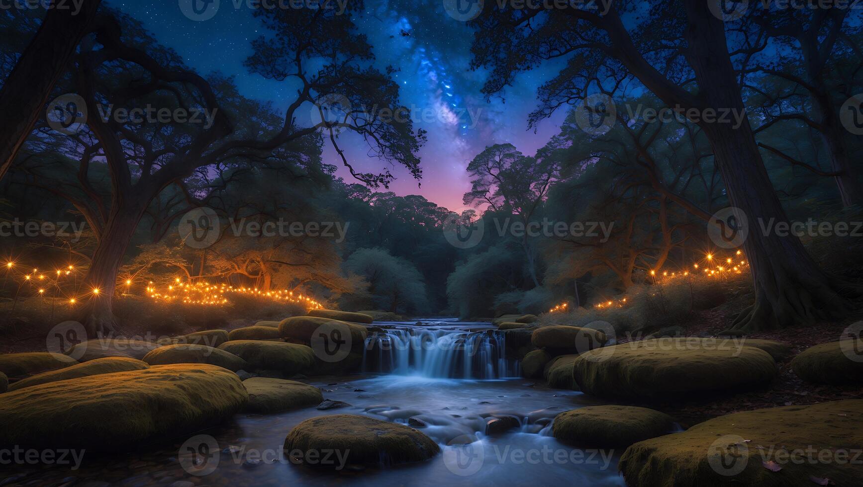 Waterfall Flows Under Starry Sky with String Lights in Forest photo