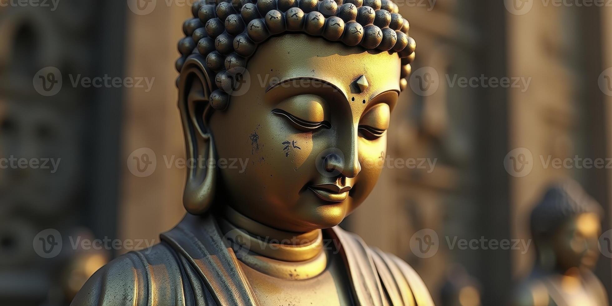 A buddha statue is shown in front of a wall photo