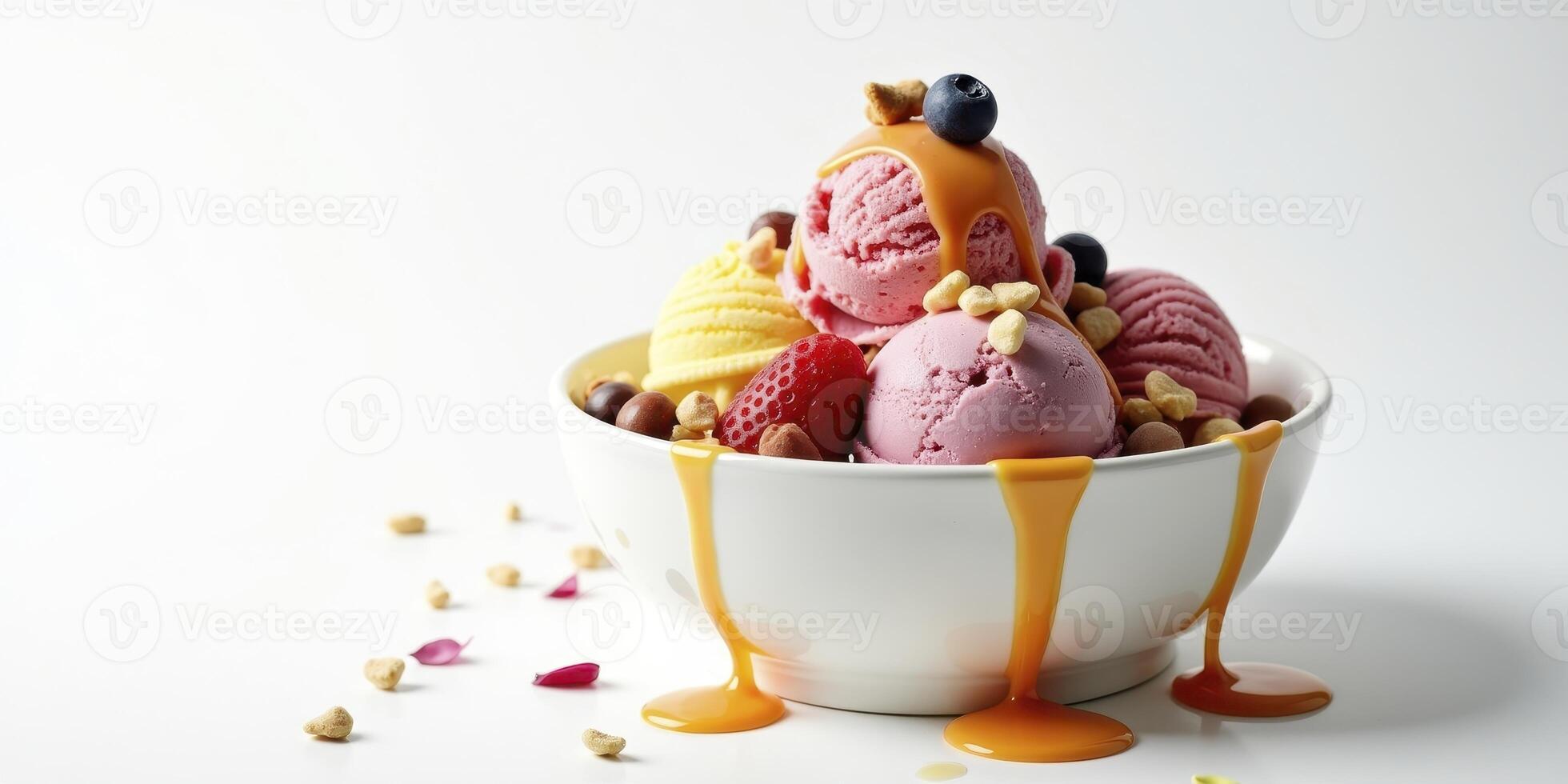 Ice cream with berries and nuts in a bowl photo