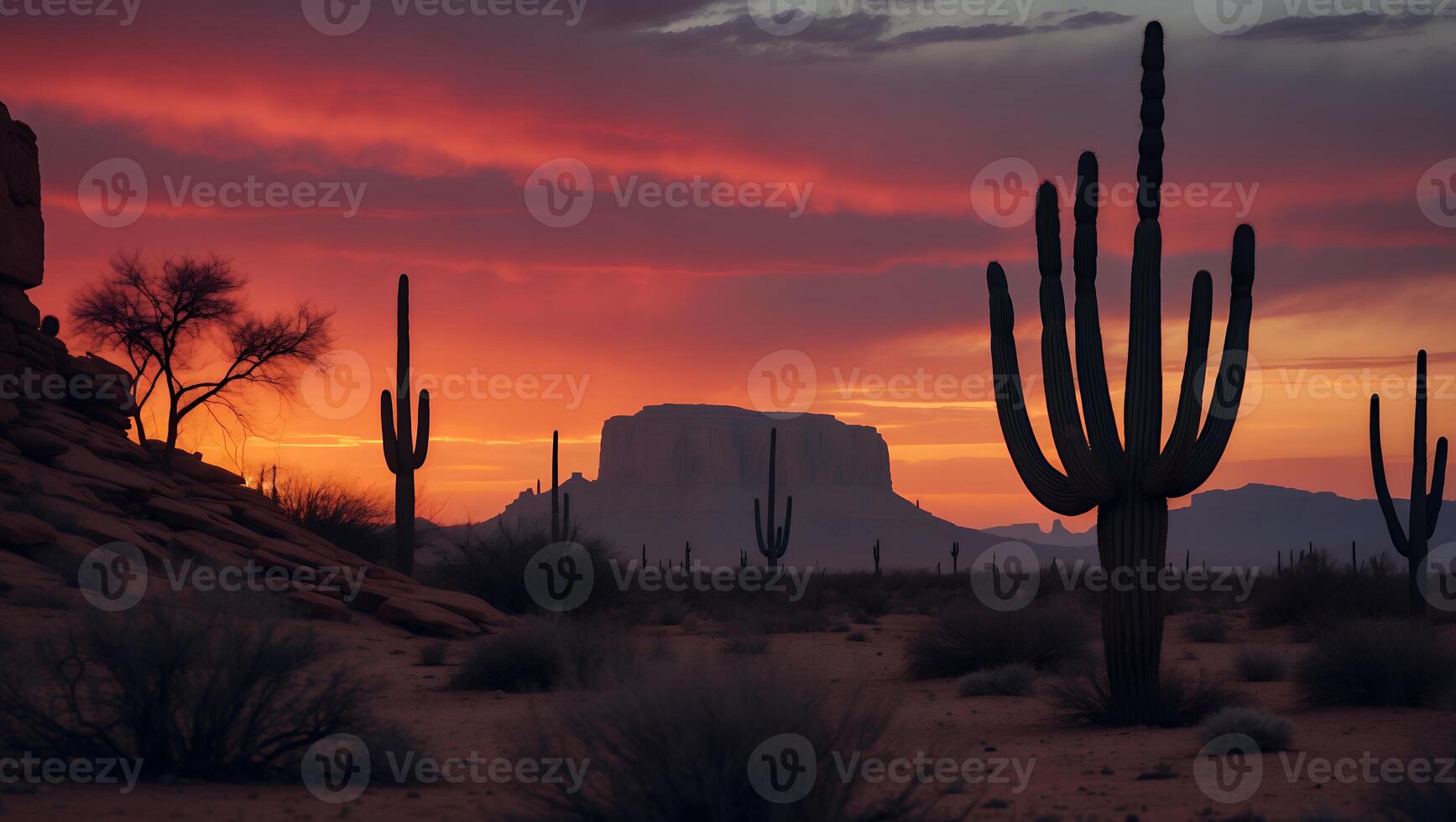 Cactus Silhouettes in Desert Landscape at Sunset with Vibrant Sky photo