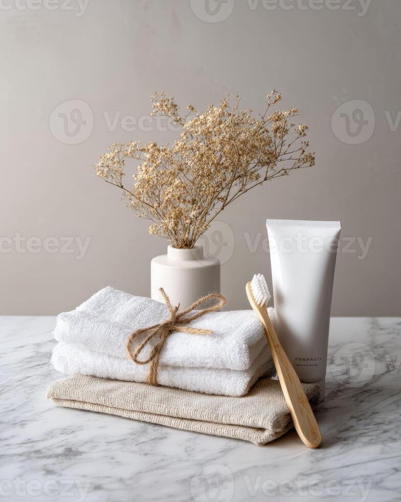 A white towel, toothbrush and toothpaste are on a marble counter photo