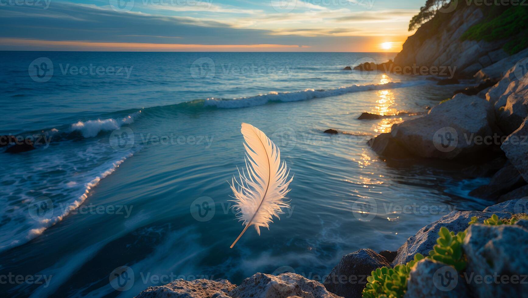 Feather Floating Above Calm Ocean Water During a Peaceful Sunset photo