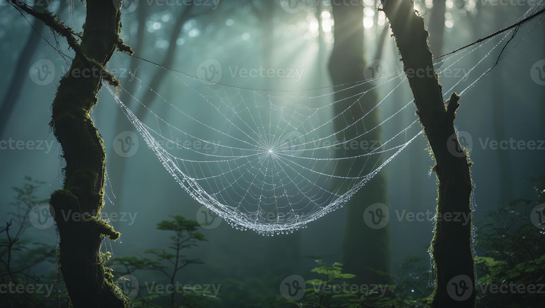 Spiderweb Covered in Dew Hanging Between Trees in Foggy Forest photo