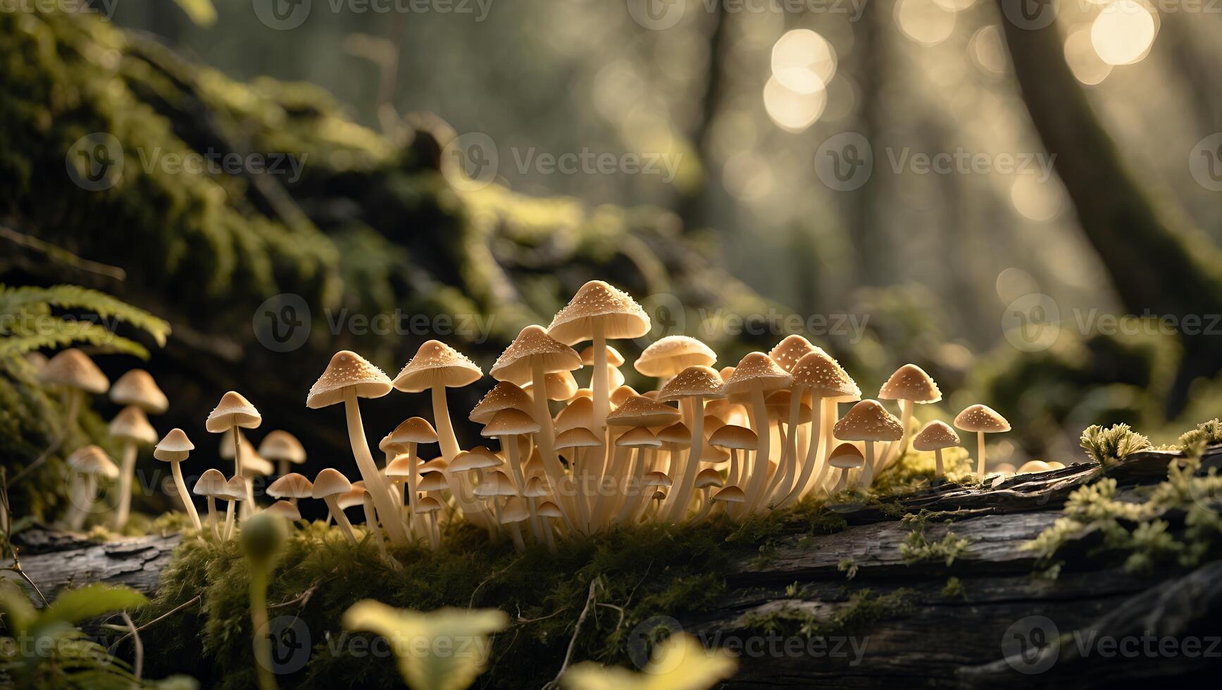 Mushrooms Growing on Mossy Log in Forest with Sunlight photo