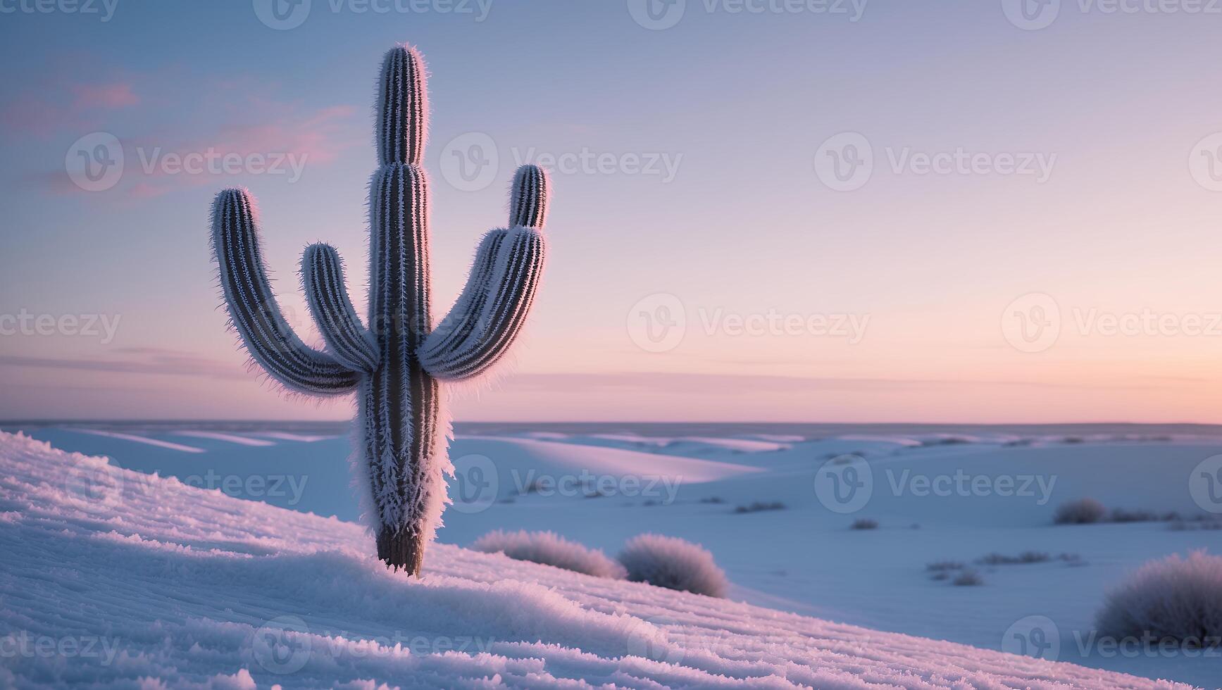 Cactus Stands Tall in Snowy Desert Landscape During Sunset Time photo