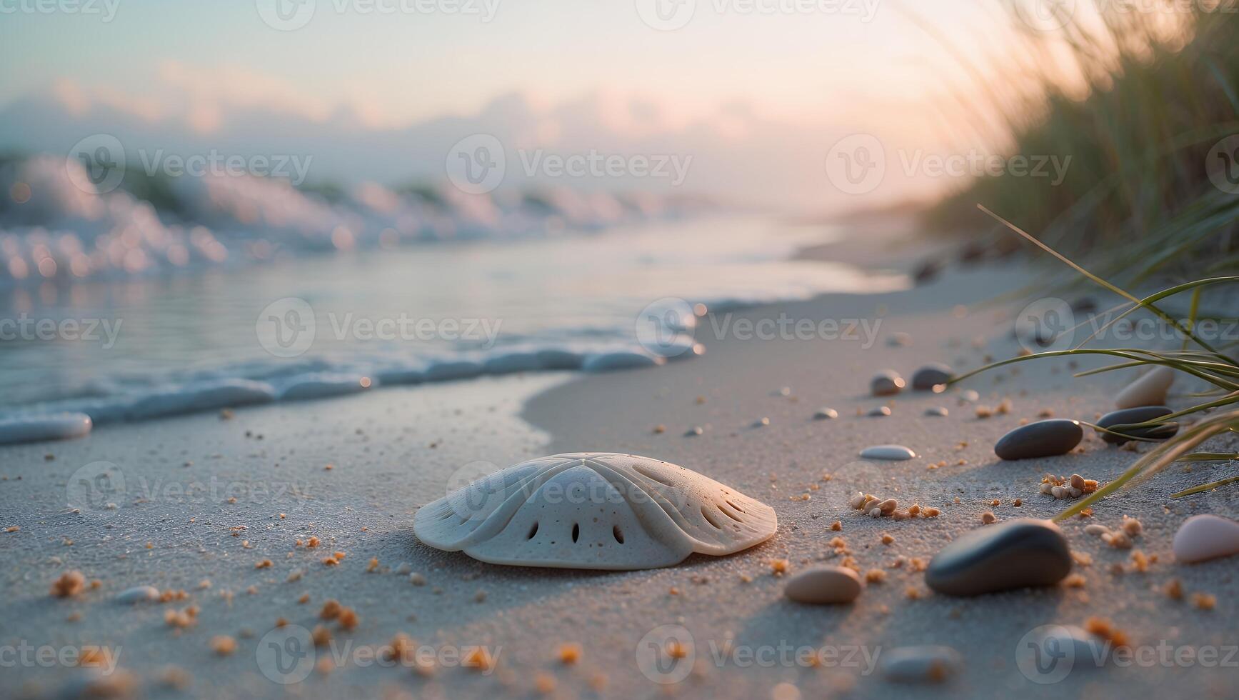 Sand Dollar on Sandy Beach with Gentle Waves at Sunset photo