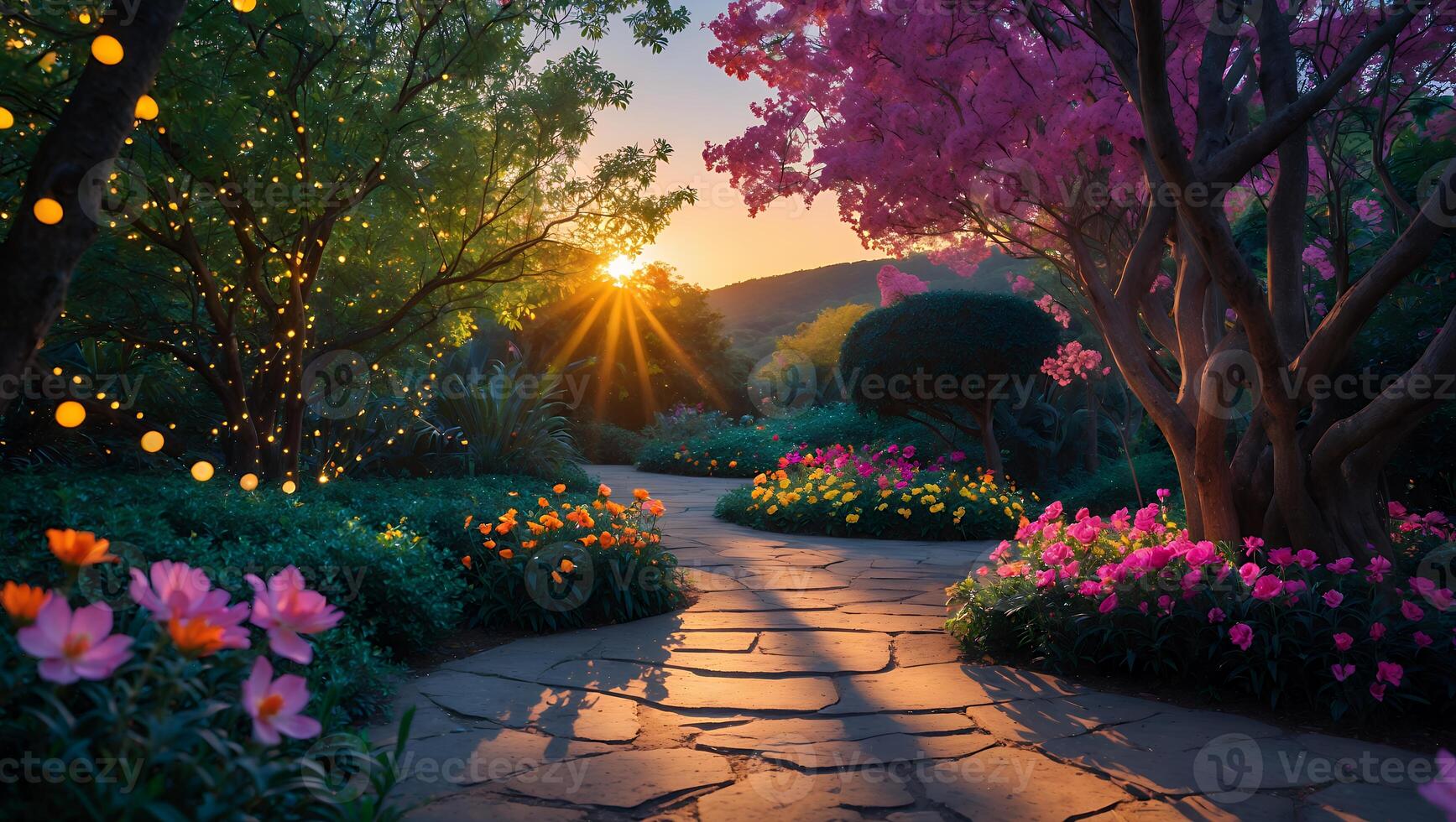 Walking Path Through Enchanted Garden with Flowers and Shining Sunset photo