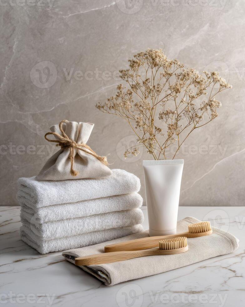 Towels, toothbrush and bag of herbs on a marble counter photo