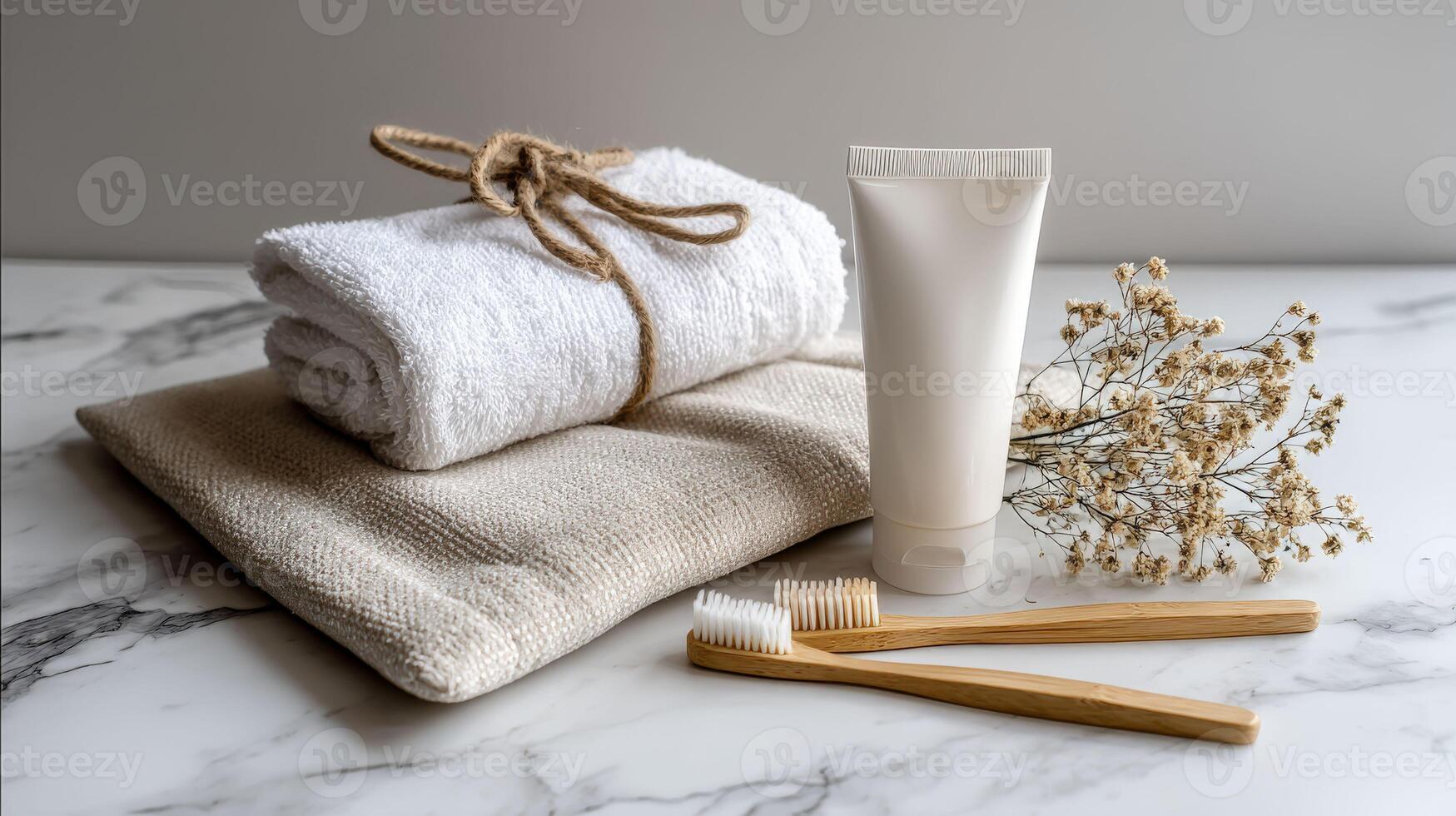 A white towel, toothbrush and toothpaste on a marble counter photo