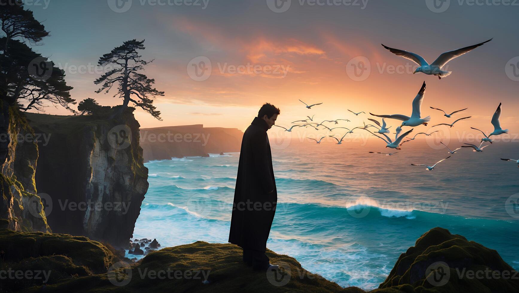 Person Standing on Cliffside Watching Seabirds at Sunset Over the Ocean photo