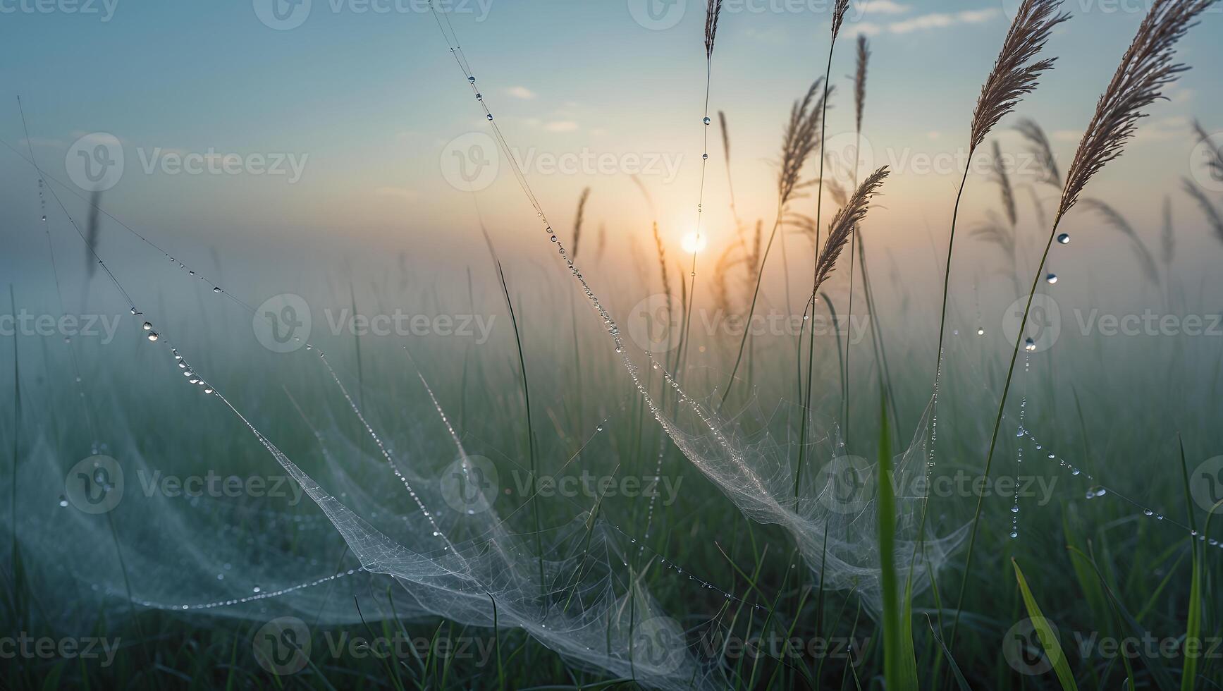 Spiderweb with Dewdrops in Grassy Field at Sunrise Creating Serene Scene photo