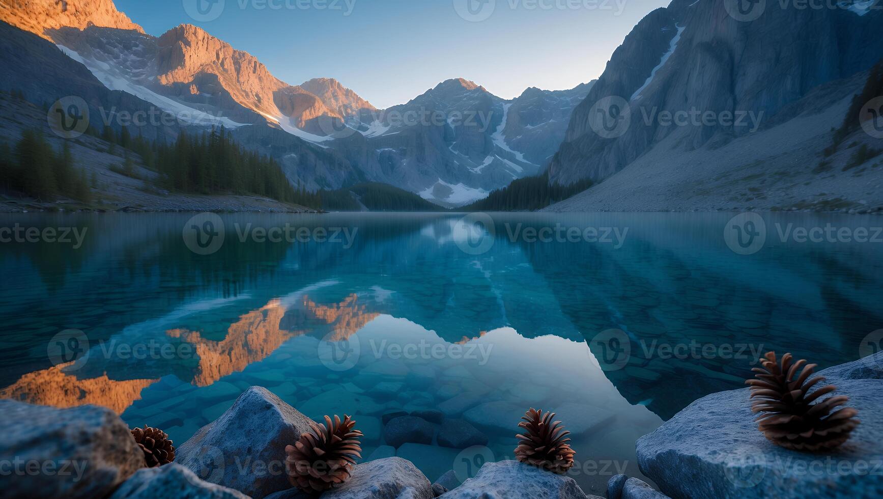 Calm Lake Reflecting Mountain Peaks and Sky at Sunrise with Cones photo