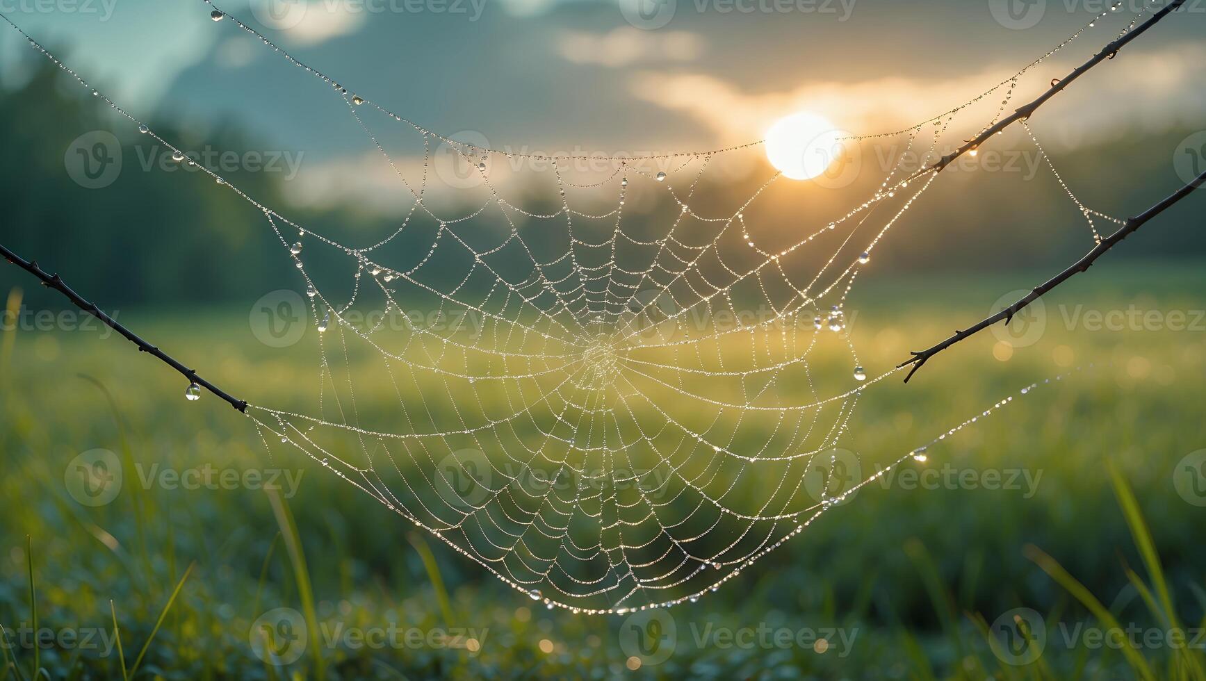 Dew Covered Spiderweb in Grassy Field at Sunrise with Warm Light photo