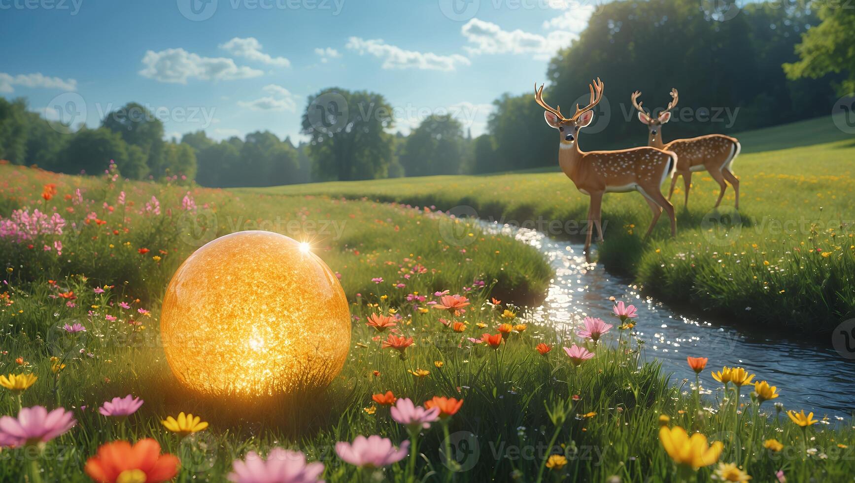 Glowing Sphere in Field with Deer and Flowing Stream Scene photo