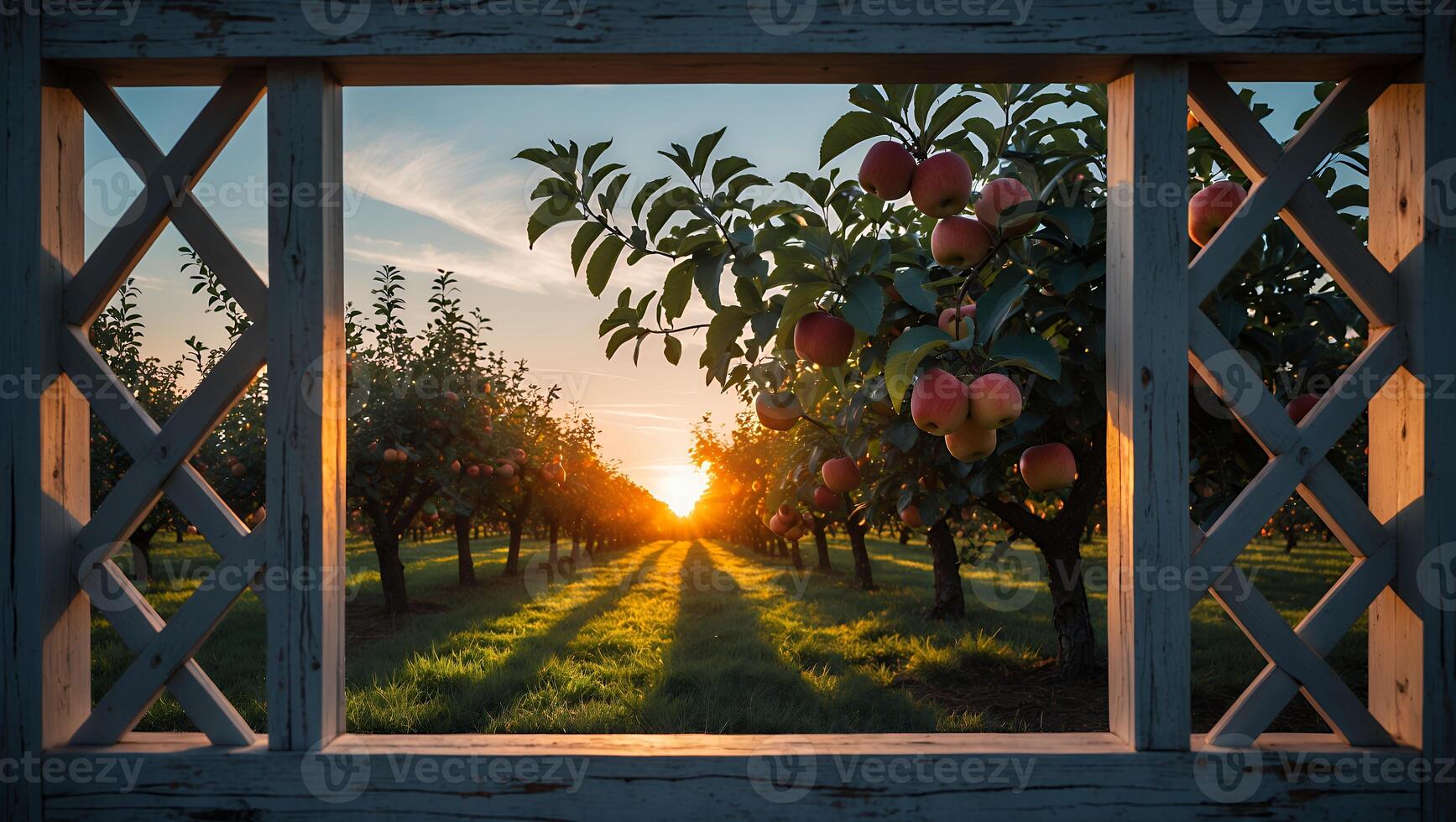 Viewing Apple Orchard at Sunset Through Wooden Frame with Warm Light photo