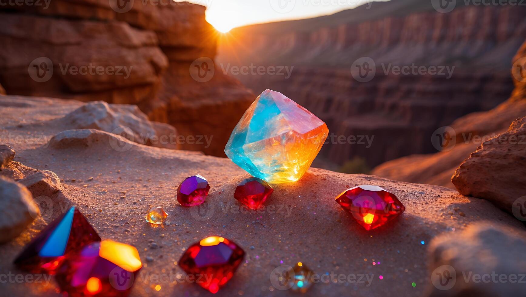 Colorful Gems Displayed on Desert Landscape at Sunset Creating Magic photo