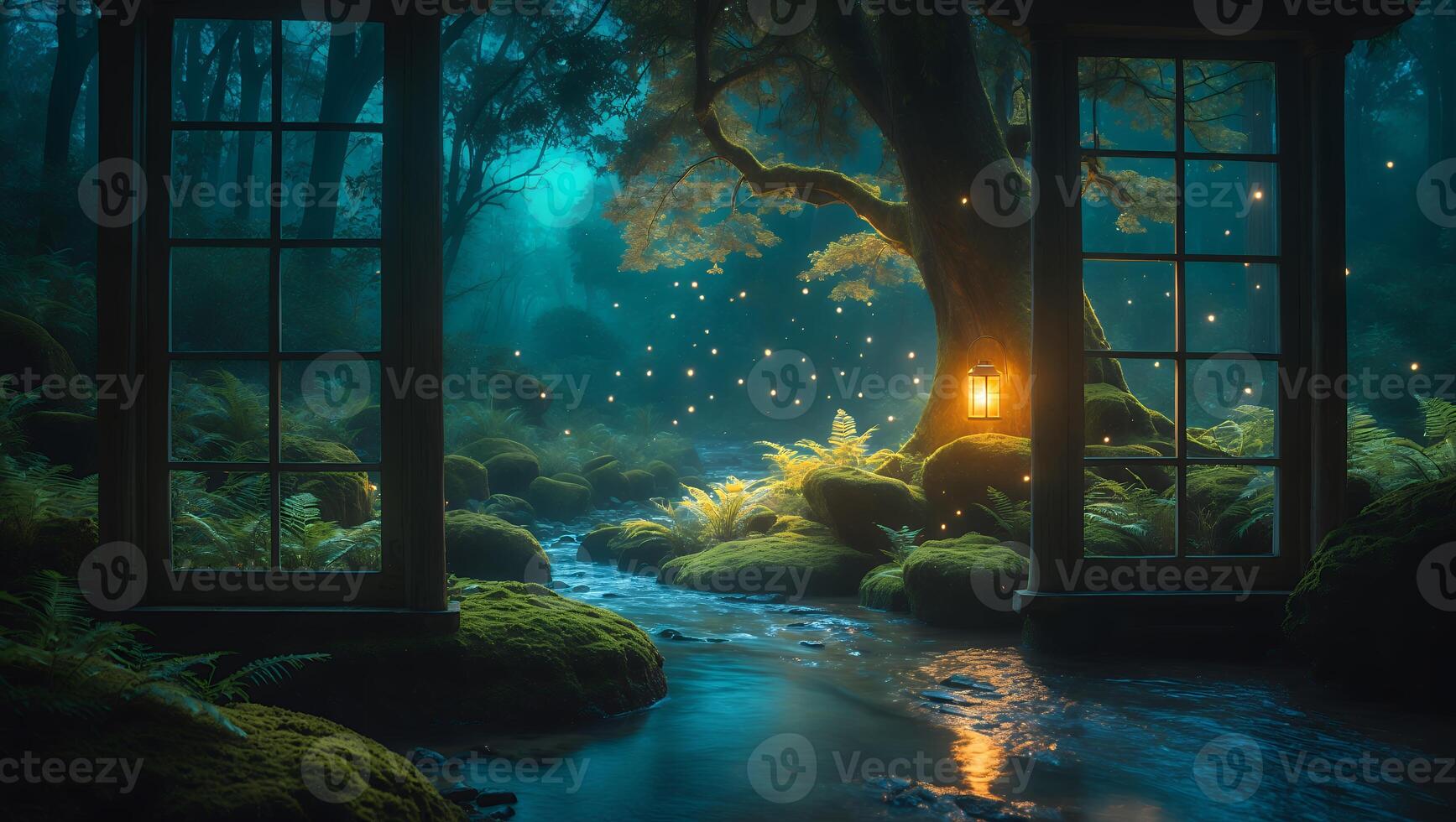 Window View of Enchanted Forest Stream with Glowing Lantern Light photo