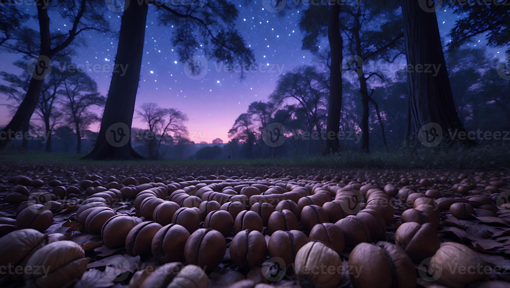 Walnut Circle on Forest Floor Under Starry Night Sky photo