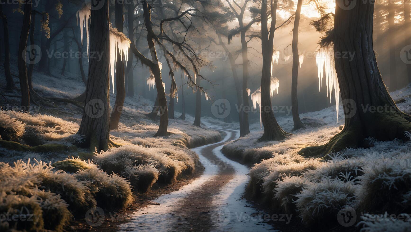 Walking Path Through Frozen Forest with Icicles and Winter Sunlight photo